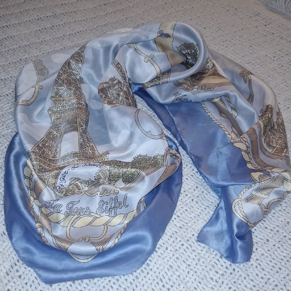 Rogee L. Paris Elegant Blue and Gold Scarf Made In Paris 34X34